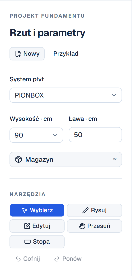 Lewy panel pracowni „Rzut i parametry”: przyciski Nowy i Przykład, lista System płyt z wartością PIONBOX, lista Wysokość z wartością 90 cm, pole Ława z wartością 50 cm, przycisk Magazyn, sekcja Narzędzia z przyciskami Wybierz (aktywny), Rysuj, Edytuj, Przesuń, Stopa oraz przyciski Cofnij i Ponów.